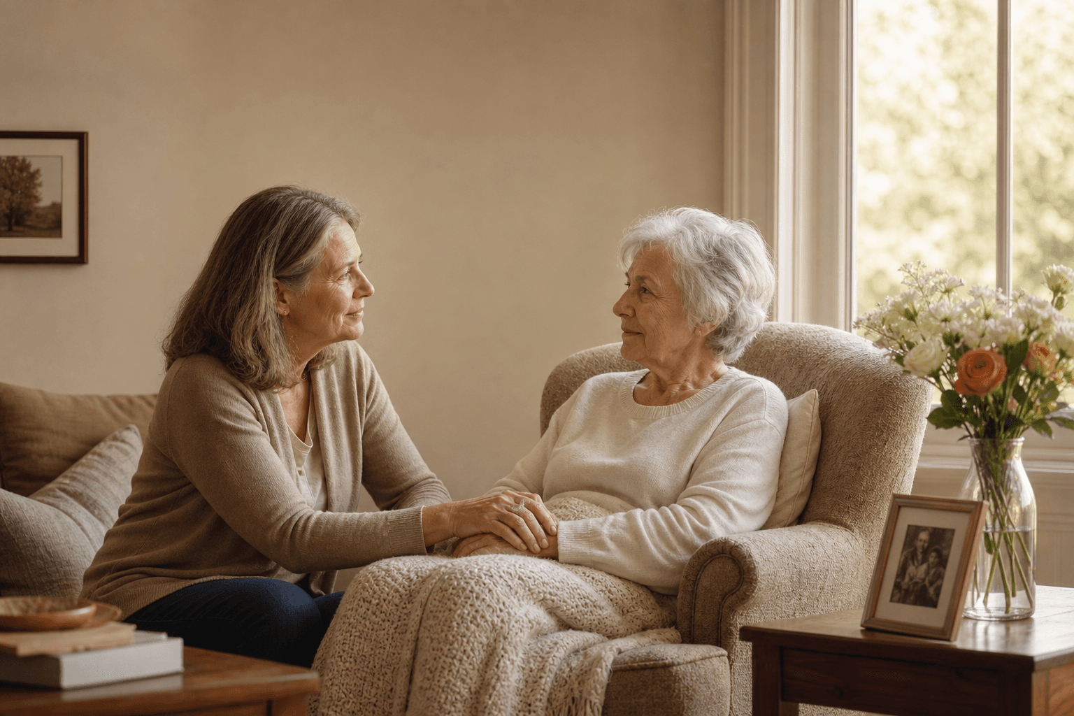A woman in her 50s gently holding the hand of an older woman seated in a comfortable armchair by a sunlit window, with a soft blanket, flowers, and a framed photograph on a side table.