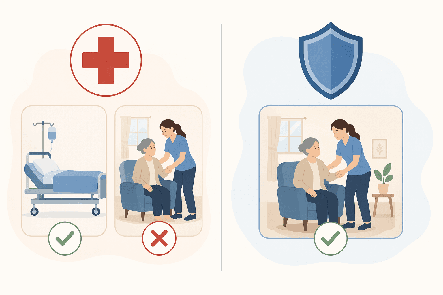A two-panel illustration: left panel shows a medical cross icon with a red X over a custodial home care icon; right panel shows a shield icon with a green checkmark over the same custodial care icon.