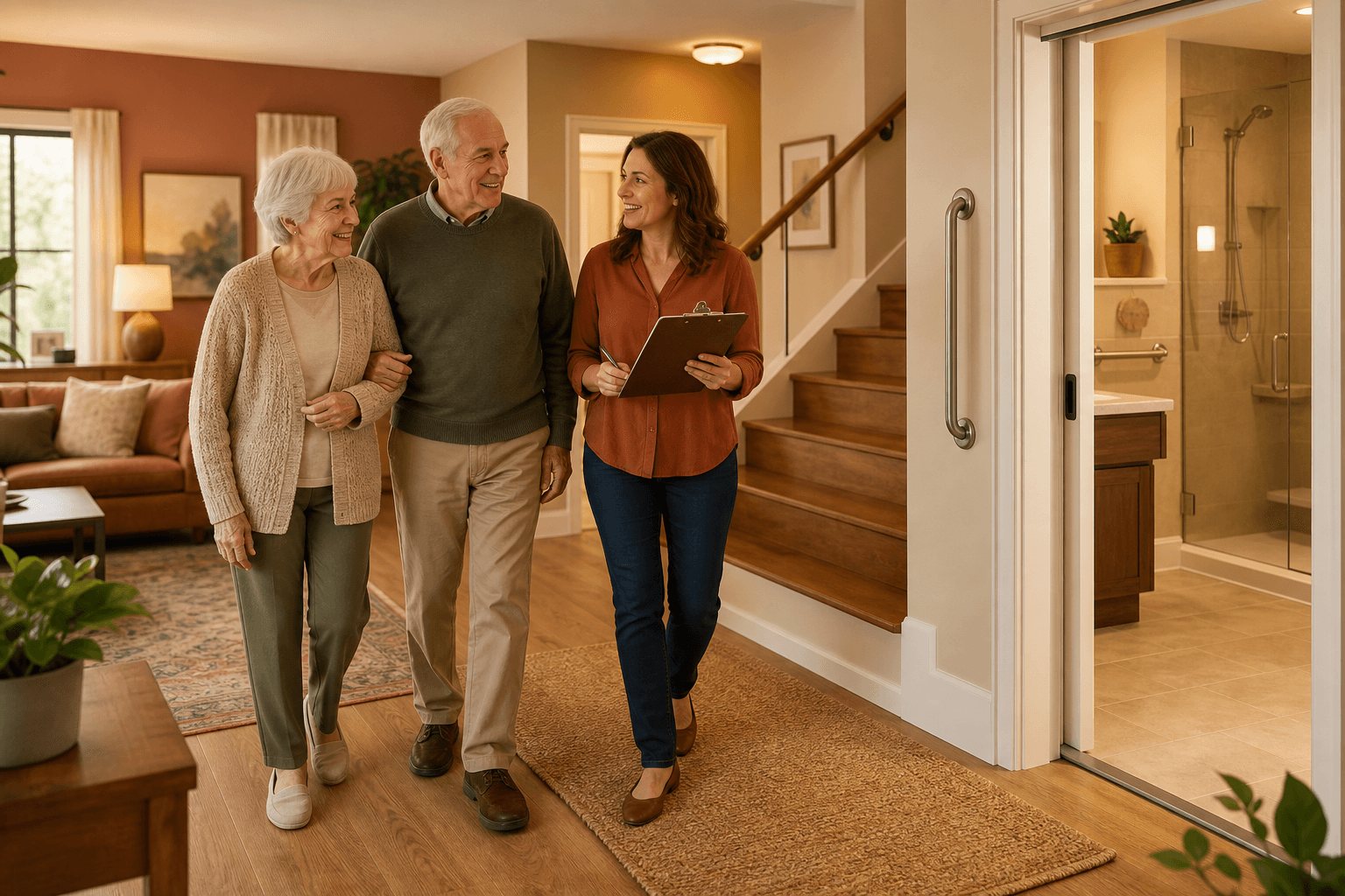 An adult daughter and her older parents walking through a home living room and hallway, with a grab bar by a doorway, a stair rail, a non-slip rug, warm lighting, and the daughter holding a clipboard with a checklist.