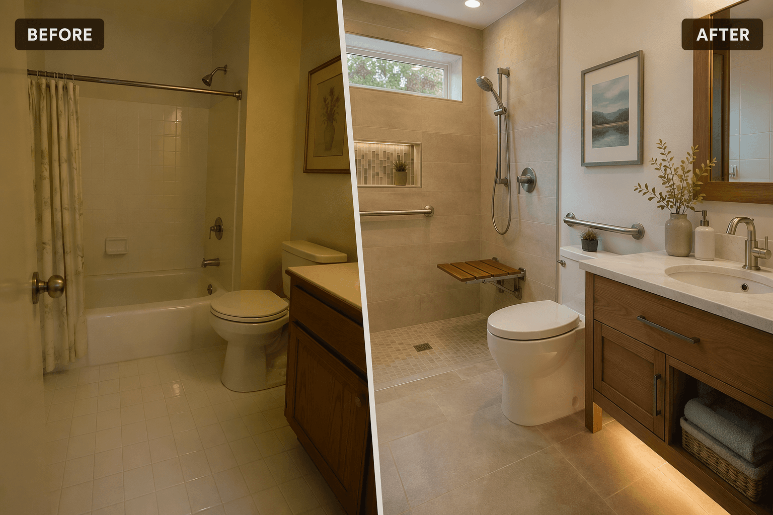 Split-view bathroom remodel comparison: left side shows an outdated bathroom with a standard tub with high step-over, glossy tile floor, dim lighting and no grab bars; right side shows a modern spa-like bathroom with curbless walk-in shower, teak bench, grab bars, comfort-height toilet, lever faucet, matte non-slip tile floor, and warm motion-activated night lighting.