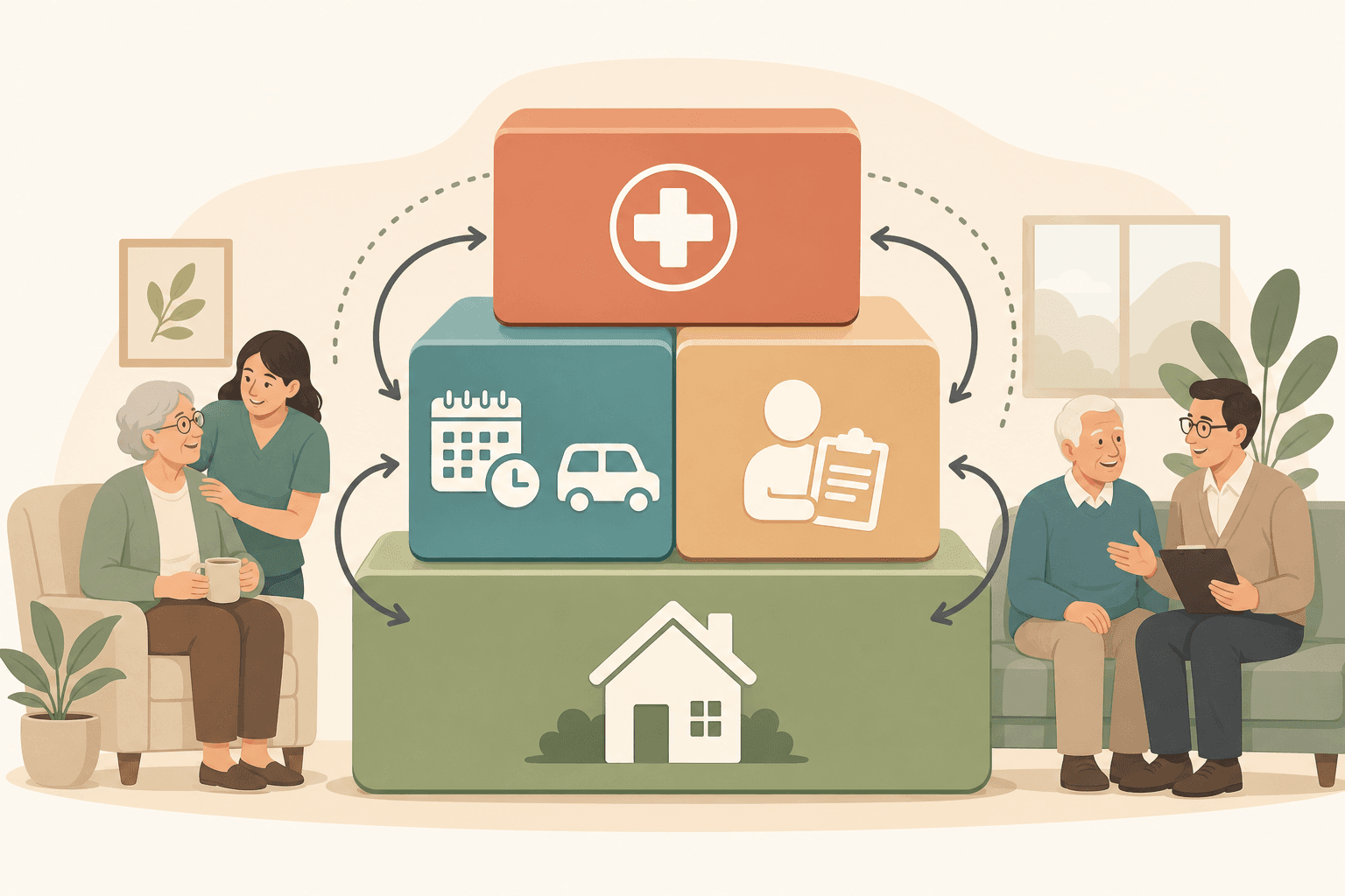 A clean editorial illustration showing a layered 'care stack' with color-coded blocks: bottom foundation layer in sage green (personal care/homemaker), middle layers in soft teal and warm beige (adult day, PERS, transportation, geriatric care manager), and upper layer in terracotta (skilled nursing, therapy). Arrows and connecting lines show how services combine simultaneously rather than as a hierarchy.