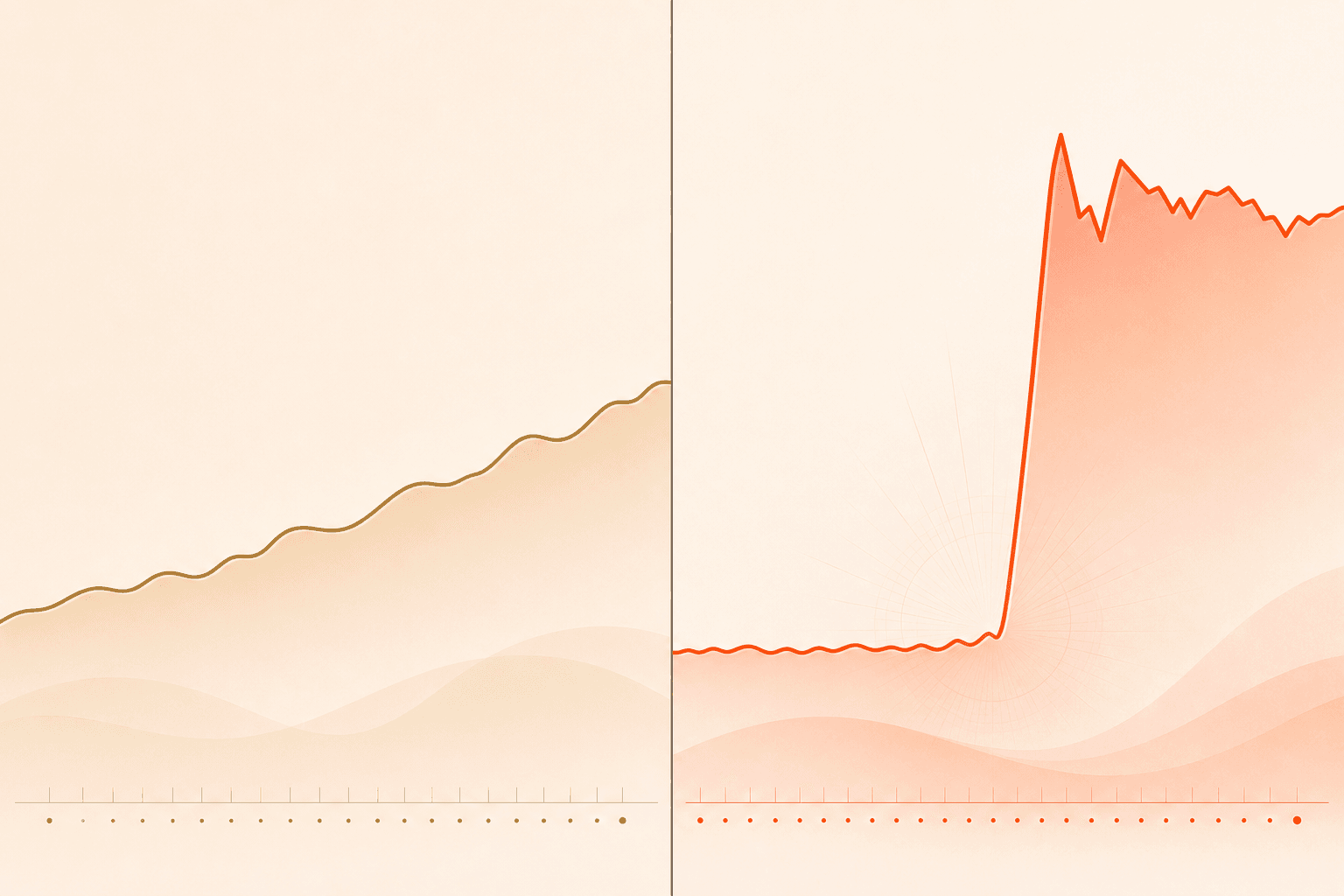 A split illustration contrasting a gently rising waveform representing gradual BPSD change over weeks with a sharp sudden spike representing delirium onset over hours.