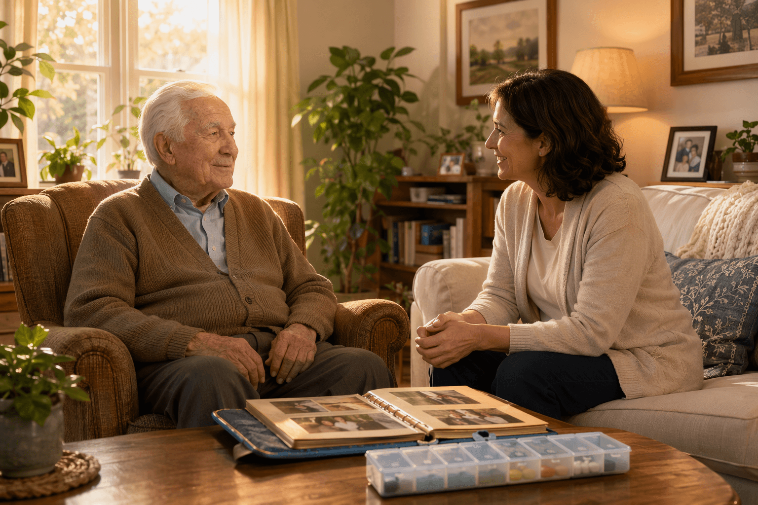 An older adult and a caregiver sitting together in a warm living room, reviewing a medication organizer and photo album on a coffee table with soft natural light from a window.