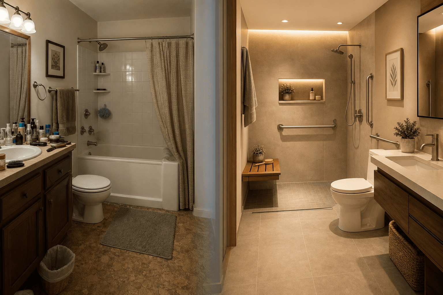 Split-composition bathroom interior: left side shows a standard bathroom with a high-step bathtub, small rug, and round faucet knobs; right side shows a modern accessible bathroom with a curbless walk-in shower, teak bench, grab bar, comfort-height toilet, lever faucet, slip-resistant tile, and warm LED lighting