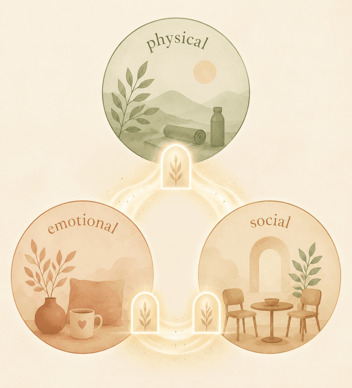 Three connected circles labeled physical, emotional, and social in a gentle permission-first framework