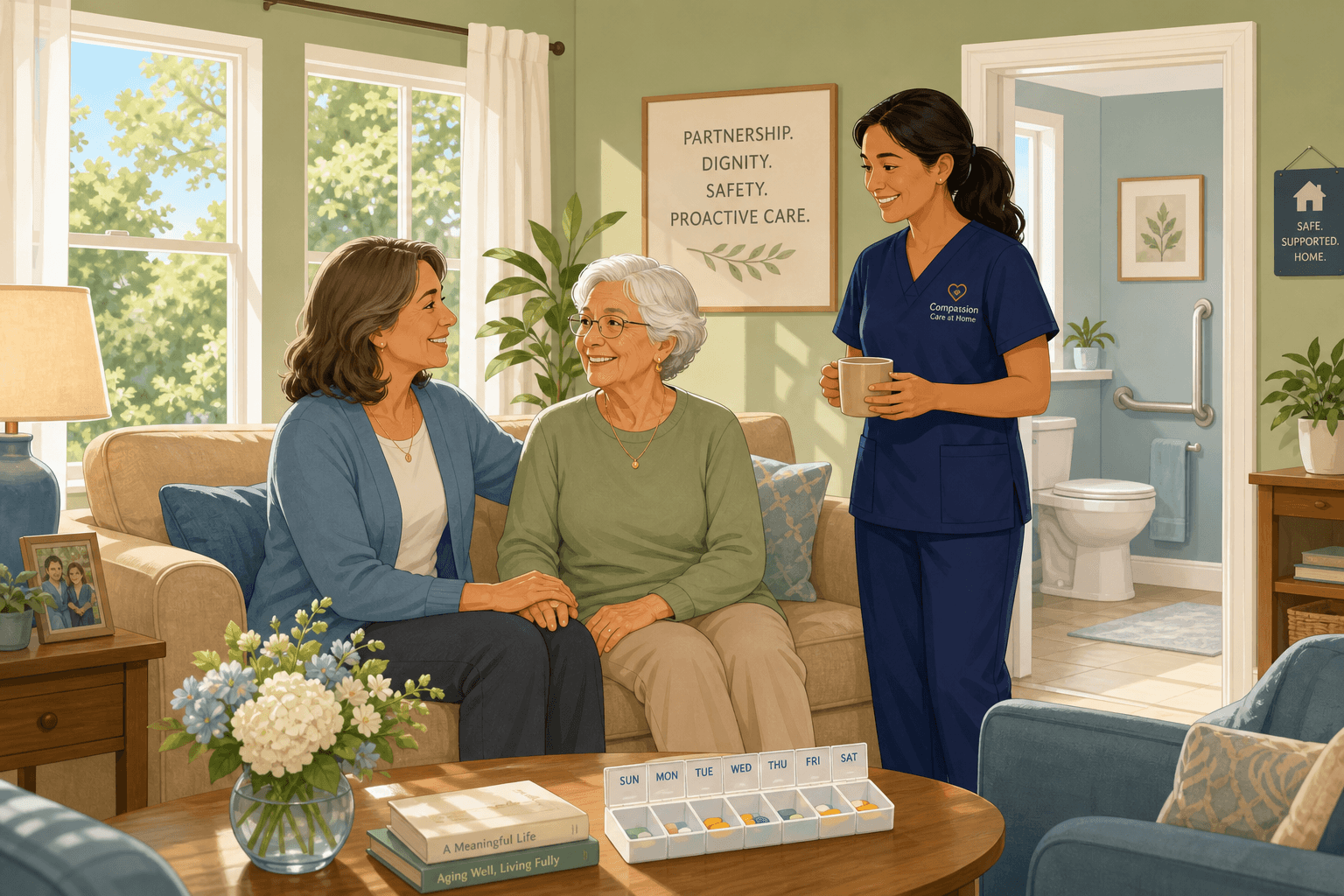 An adult child sitting beside an elderly parent on a sofa, with a caregiver nearby holding a mug. A grab bar is visible through a doorway and a medication organizer sits on the coffee table.