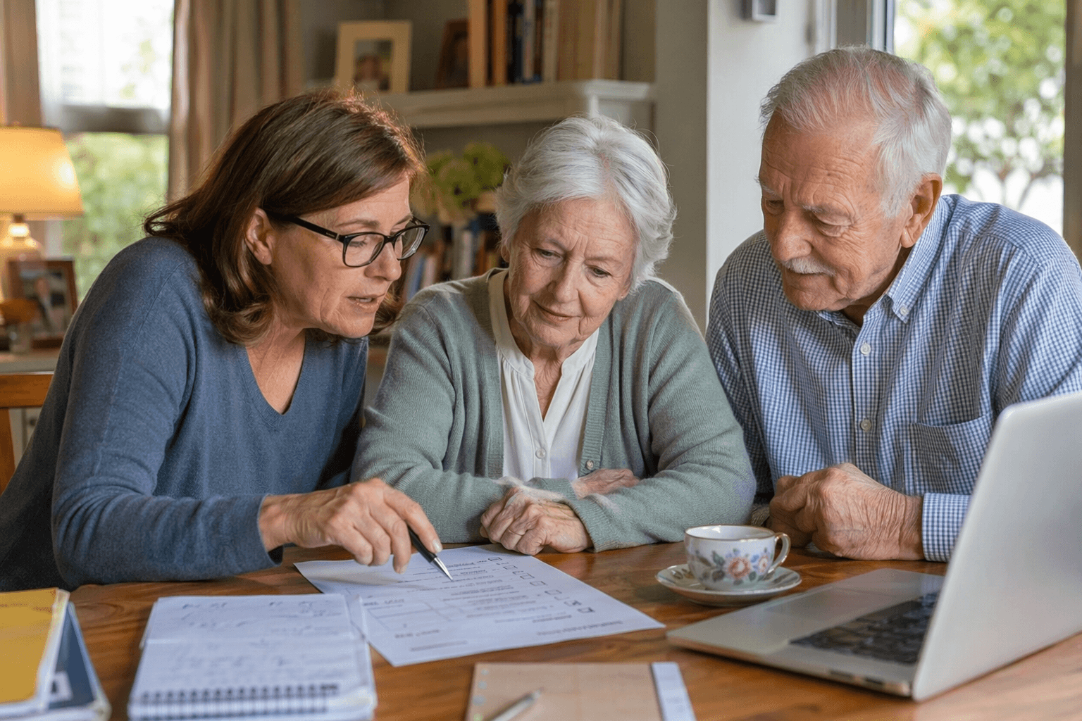 A middle-aged adult child sits at a wooden kitchen table with two aging parents, reviewing papers and a laptop together. The room is warmly lit with soft natural light, warm blue and green tones, conveying a calm collaborative family decision-making conversation.
