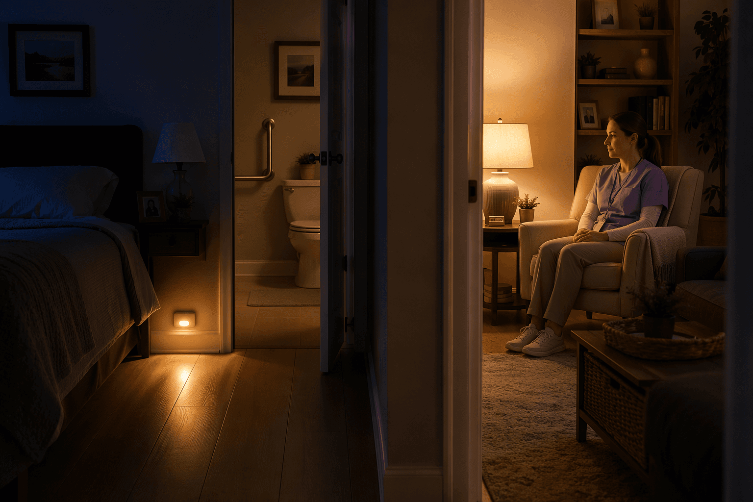 Split-frame interior scene: left side shows a darkened bedroom with a motion-sensor nightlight casting a warm glow on the floor, illuminating a path from the bed to a bathroom doorway with a grab bar visible; right side shows through an open doorway a professional caregiver sitting calmly in a softly lit living room armchair under warm amber lamplight, quietly monitoring the sleeping area.