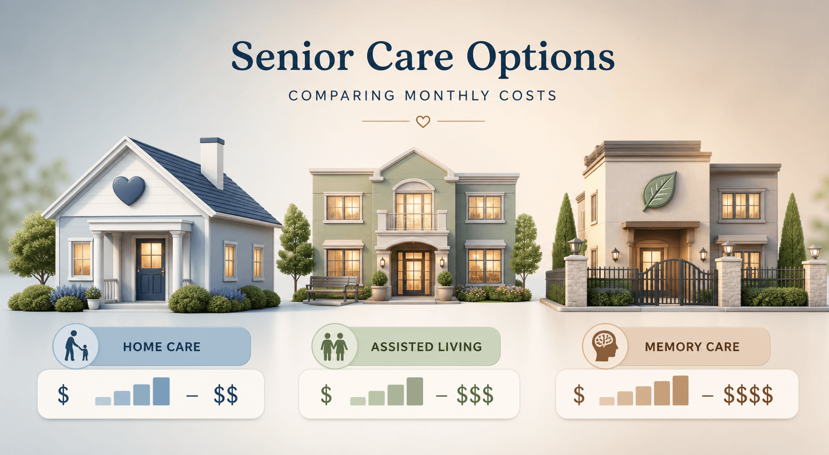 A minimal editorial illustration with three modern house icons arranged side by side on a soft gradient background — a house with a heart symbol for home care, a small community building for assisted living, and a secure building with a leaf symbol for memory care — representing different monthly cost tiers in a warm color palette.