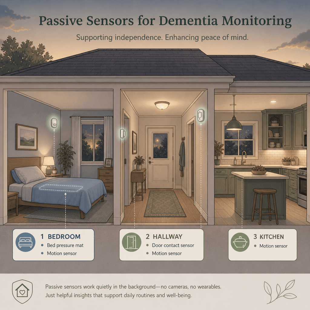 Cutaway home illustration showing three zones with passive sensor placements: a bedroom with a bed pressure mat and wall motion sensor, a hallway with a door contact sensor, and a kitchen with a motion sensor, all indicated by small glowing dots.