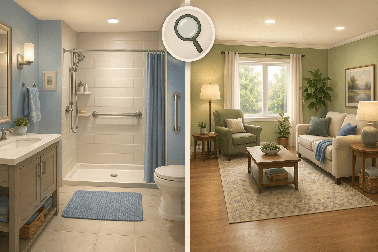 Split-view illustration showing a bathroom with grab bars and non-slip mat on the left, and a living room with cleared walking paths and tucked cords on the right.
