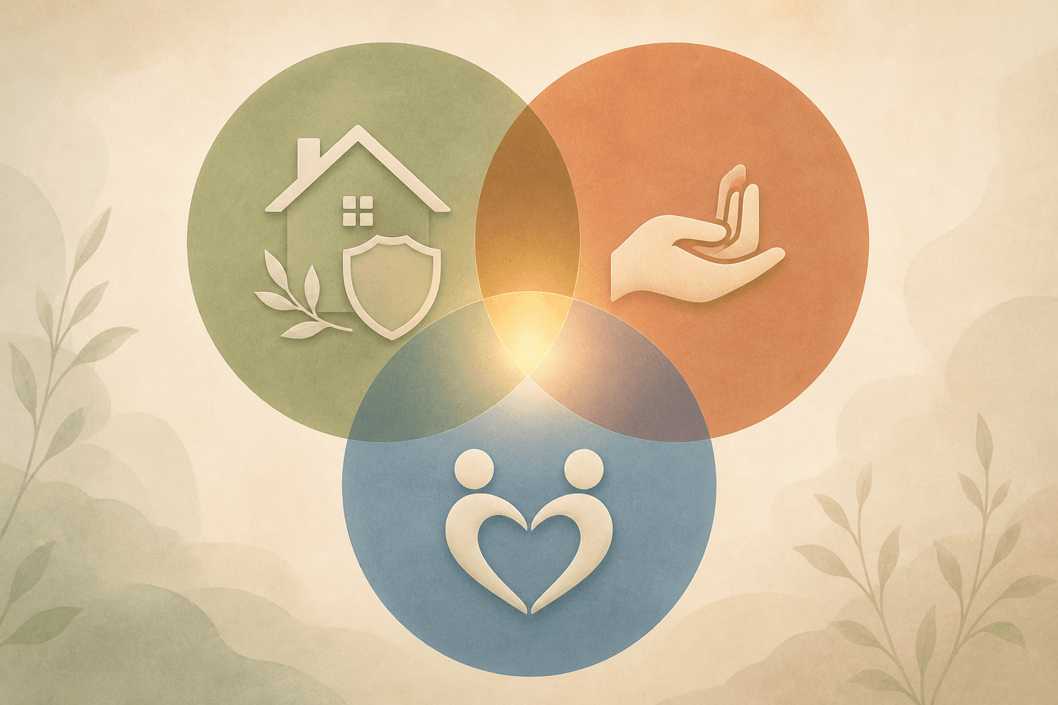 Three overlapping circles in muted sage green, terracotta, and soft blue tones, each containing an icon: a house/shield, a hand gesture, and a heart with two abstract figures. The center overlap has a soft warm glow.