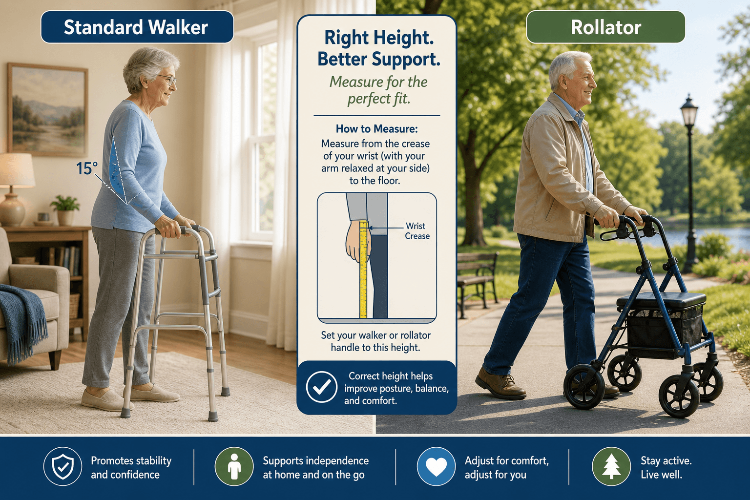 Split illustration comparing a standard walker used indoors with correct arm posture and a four-wheel rollator used outdoors with a seat and basket, plus a central wrist-crease-to-handle-height measurement guide.