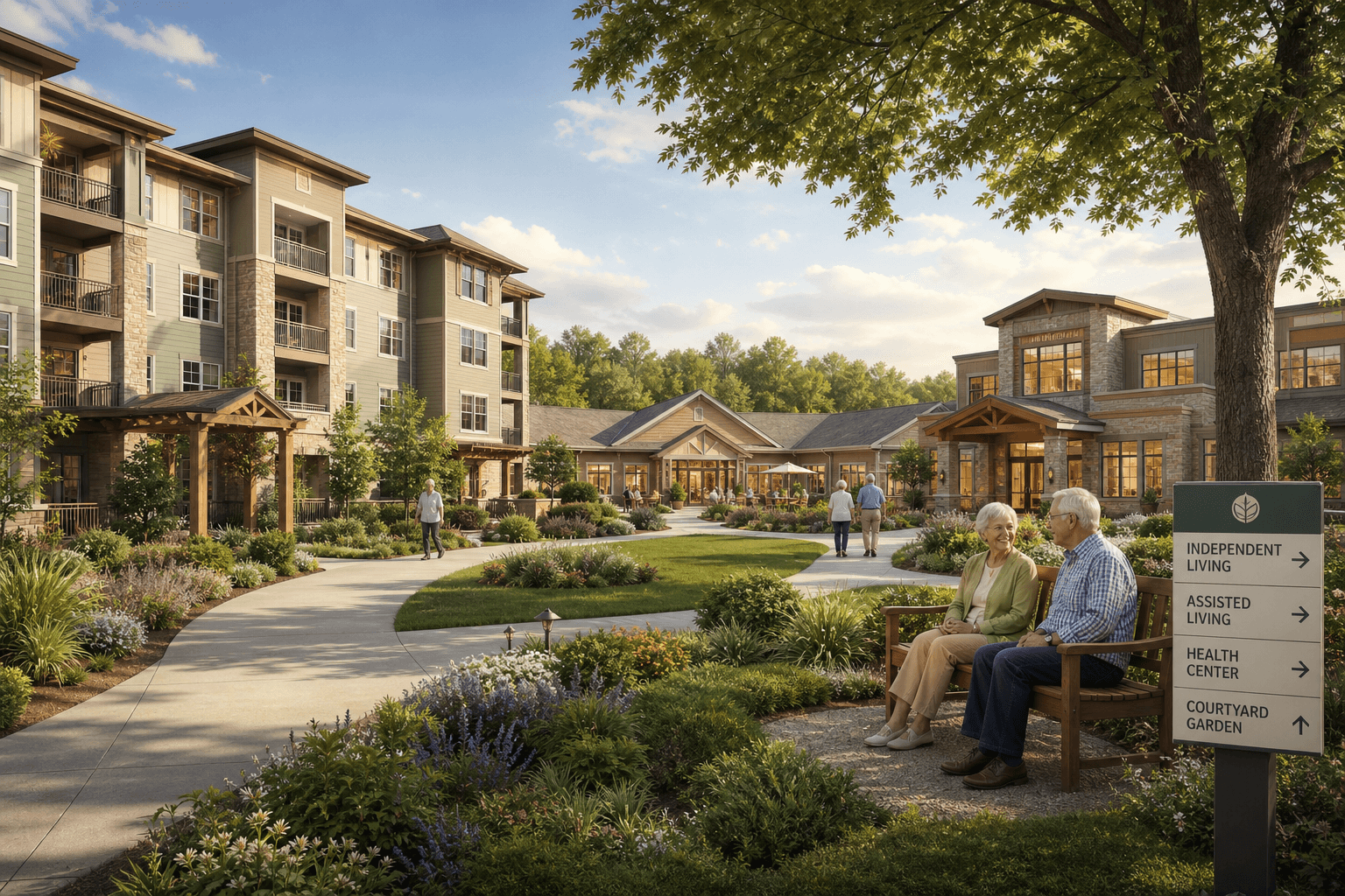 A modern senior retirement community campus with multiple connected building types — apartment-style independent living, a lower assisted living building with courtyard garden, and a medical wing — connected by landscaped walkways with gardens, flowering plants, and a wooden bench where two seniors sit talking in warm sunlight.