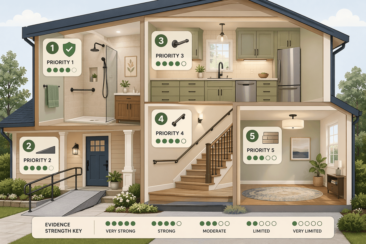 A house cross-section illustration divided into five priority zones for aging-in-place remodeling, ranked 1 through 5: bathroom, entry, kitchen, stairs, and lighting/flooring.