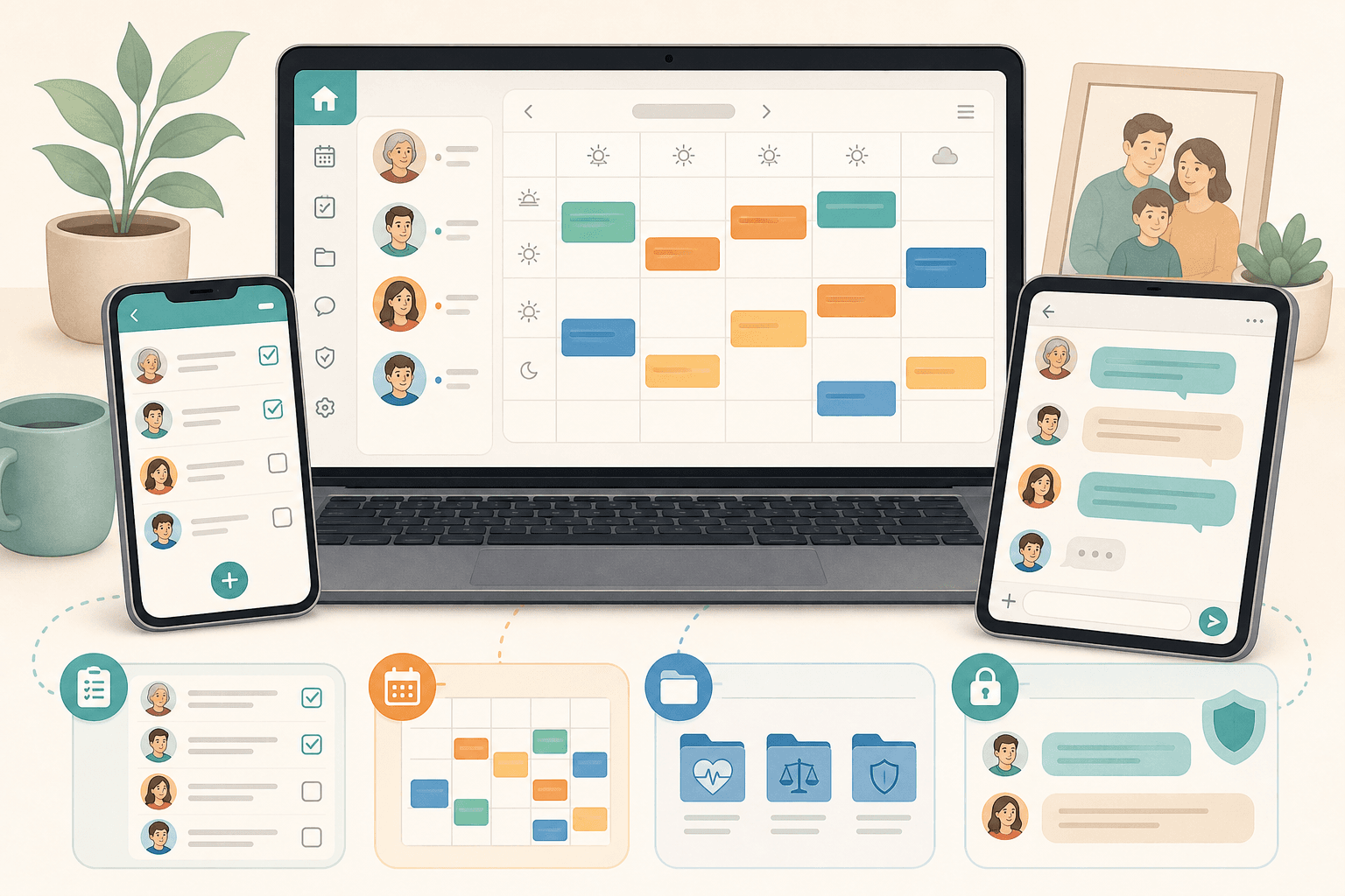 Dashboard concept on a laptop and mobile devices showing a shared color-coded calendar, task assignment list with person icons, document vault folder icons, and secure messaging bubbles.