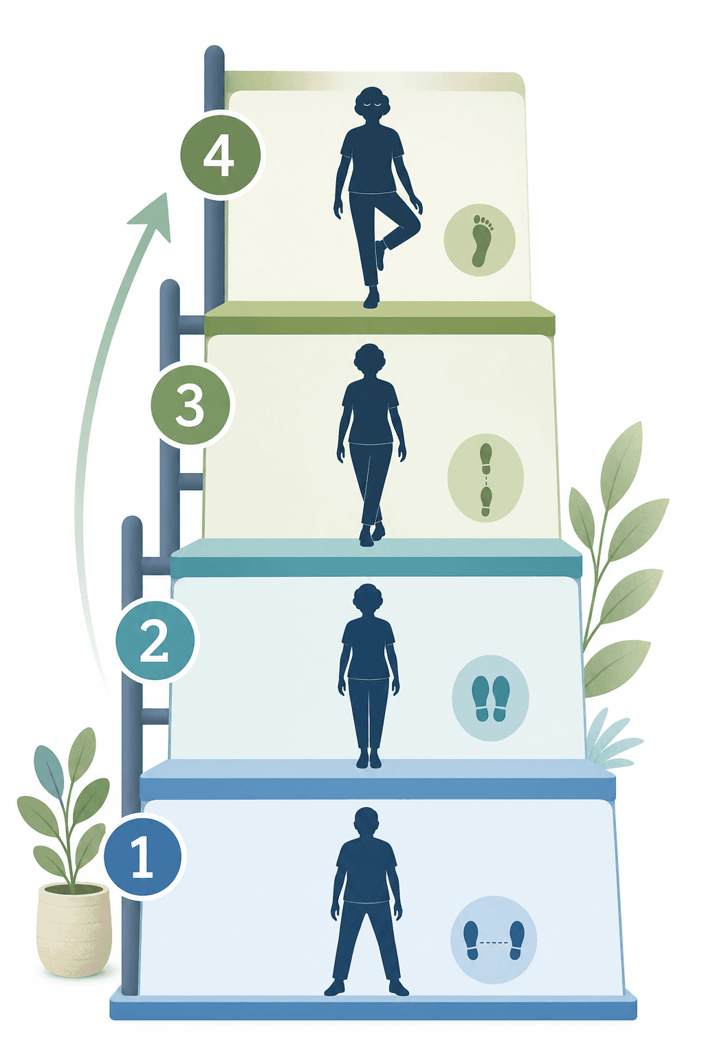 A 4-level vertical progression ladder with ascending levels labeled Level 1 Foundation, Level 2 Building, Level 3 Intermediate, and Level 4 Advanced. Each level shows a silhouette icon: feet apart, feet together, tandem stance, and single-leg stance with eyes closed.