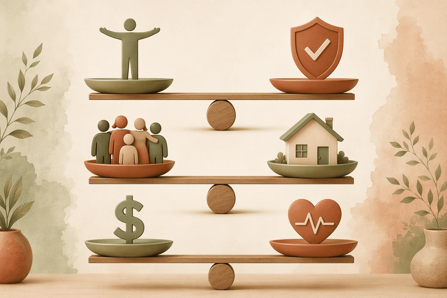 An editorial illustration showing three balancing scales representing senior care trade-offs. Top scale balances a solitary figure with arms open (independence) against a figure with a shield (safety). Middle scale balances a group of figures (socialization) against a house icon (familiarity). Bottom scale balances a dollar sign (cost) against a heart with a pulse line (care intensity).
