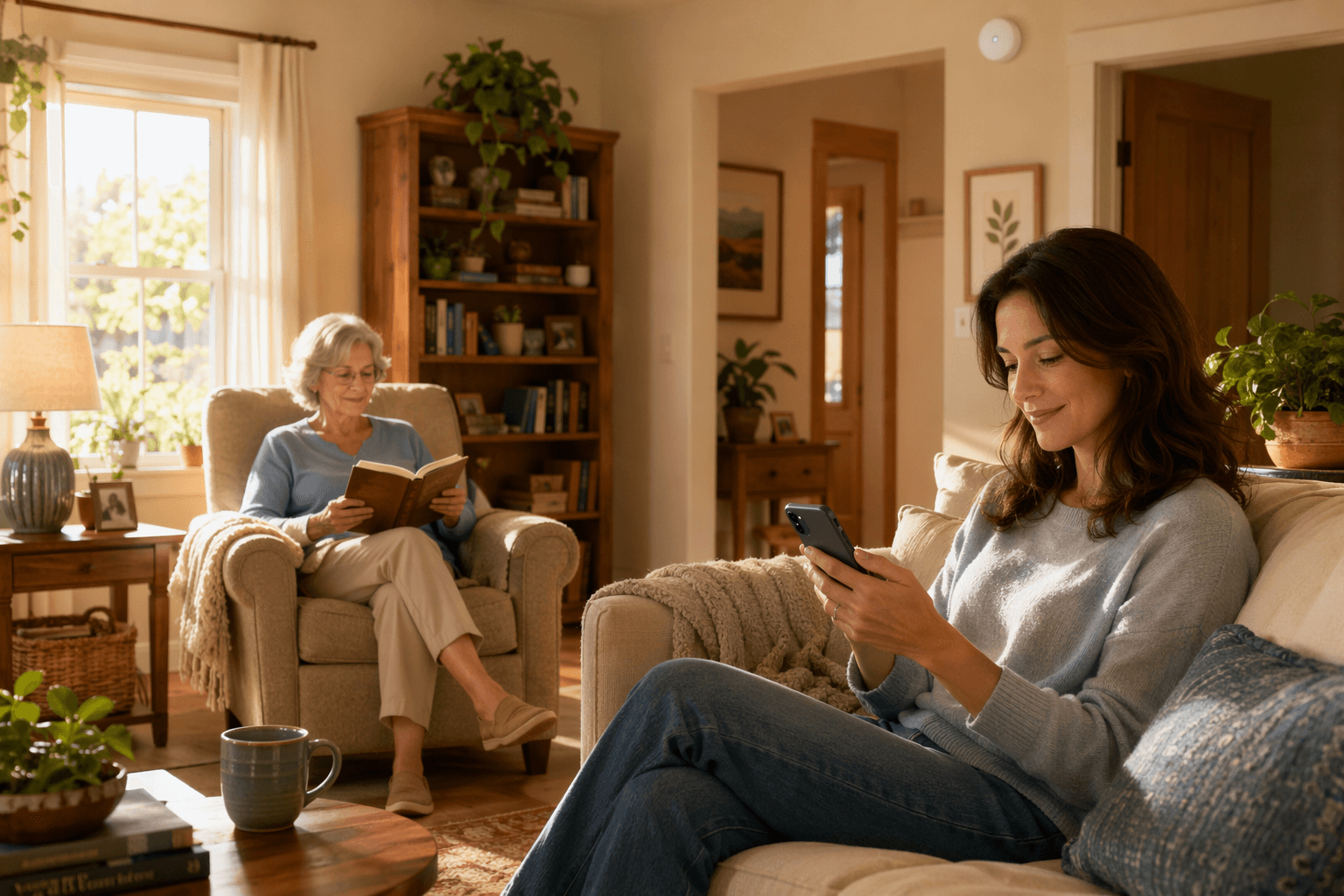 A warm, sunlit living room with an older gray-haired woman reading comfortably in an armchair. On the wall near the ceiling, a small white circular sensor is subtly visible. In the foreground, an adult daughter sits on a sofa looking at her smartphone with a calm, reassured expression.