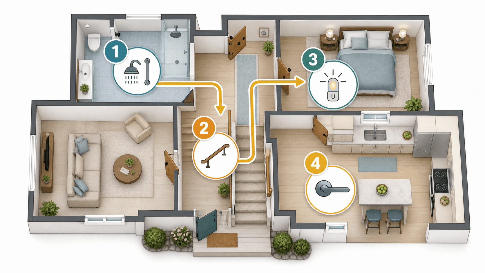 A home floor plan illustration with four rooms numbered 1 through 4 in priority sequence: bathroom marked #1, staircase and entryway marked #2, bedroom and hallway marked #3, and kitchen marked #4, with connecting arrows showing the priority flow.