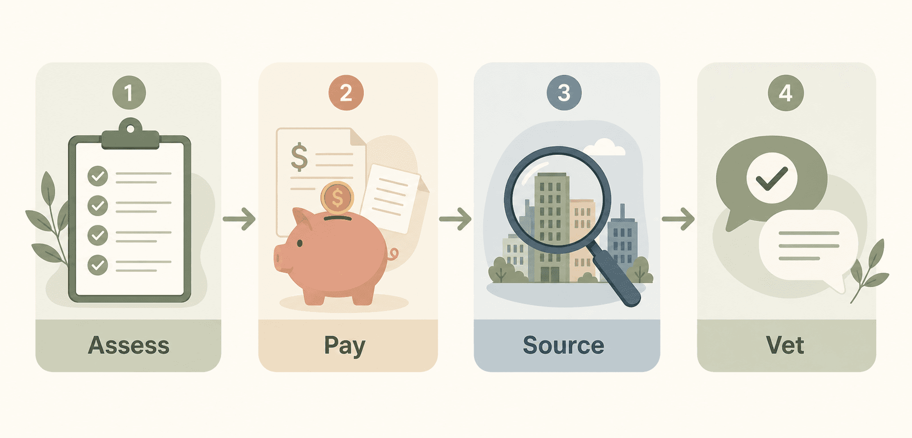 A four-step process illustration showing Assess, Pay, Source, and Vet connected by arrows in a warm sage green and beige palette.