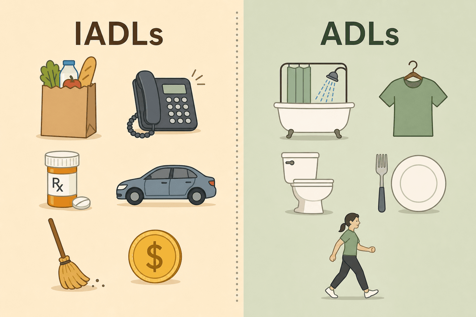 A split-comparison illustration showing IADLs on the left and ADLs on the right with corresponding icons.