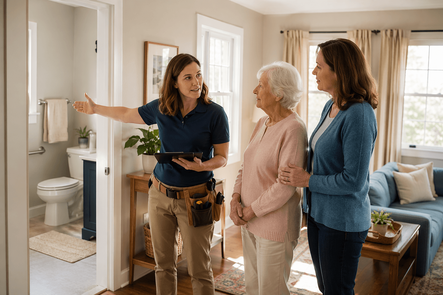 A CAPS-certified specialist wearing a tool belt and holding a tablet conducts a home safety assessment with an older adult and their adult child in a sunlit living room, pointing toward a bathroom doorway.