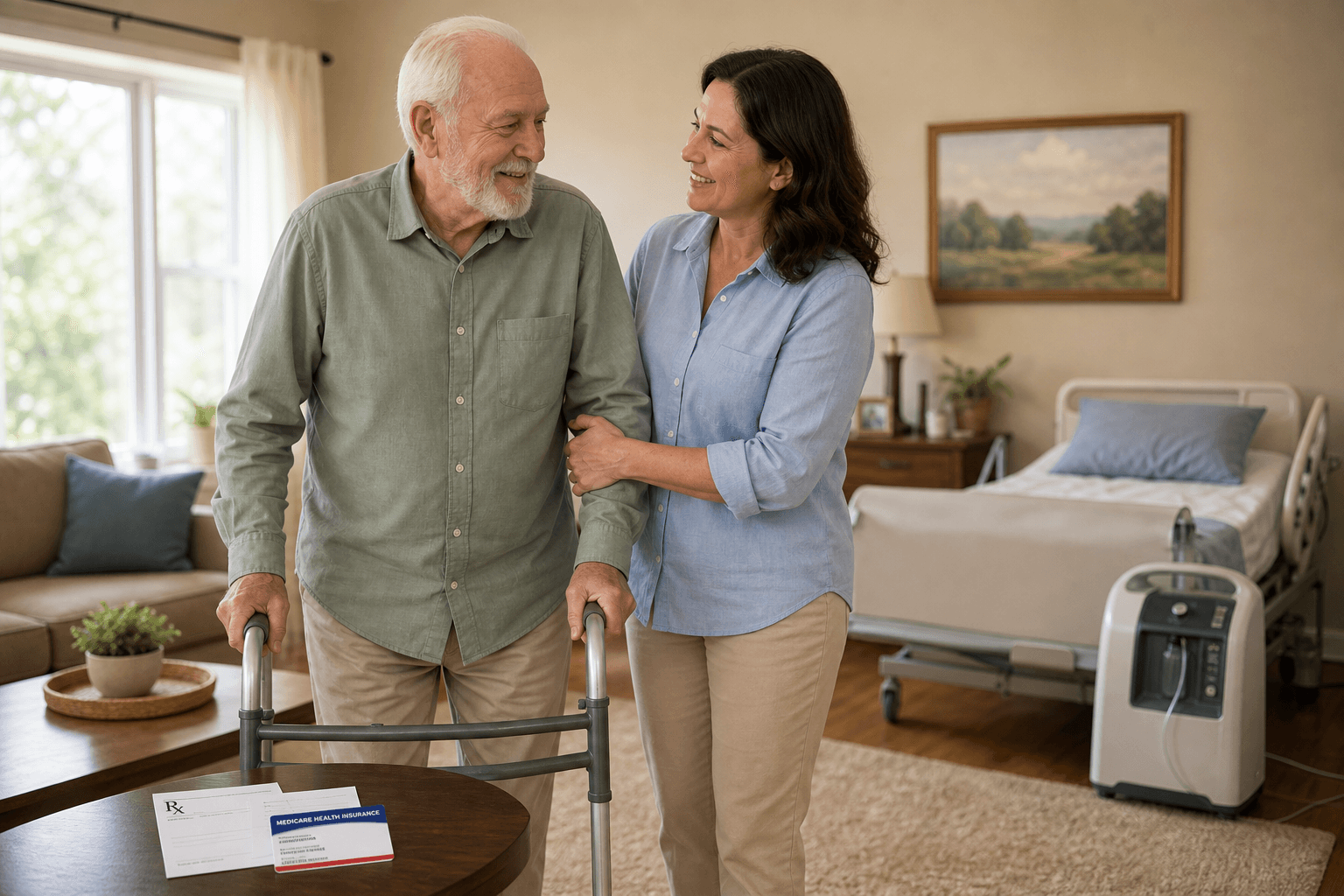 A middle-aged adult daughter gently guiding her elderly father as he walks with a walker in a bright living room with warm earth tones, while a hospital bed and oxygen concentrator sit in the background and a Medicare card rests on a nearby side table.