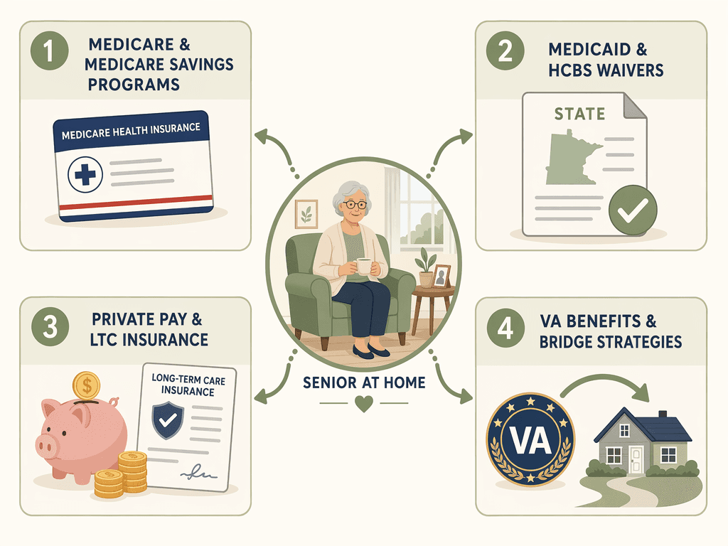 A diagram showing four payment source categories for senior care: Medicare and Savings Programs, Medicaid and HCBS Waivers, Private Pay and LTC Insurance, and VA Benefits and Bridge Strategies, all connected to a central senior-at-home icon.