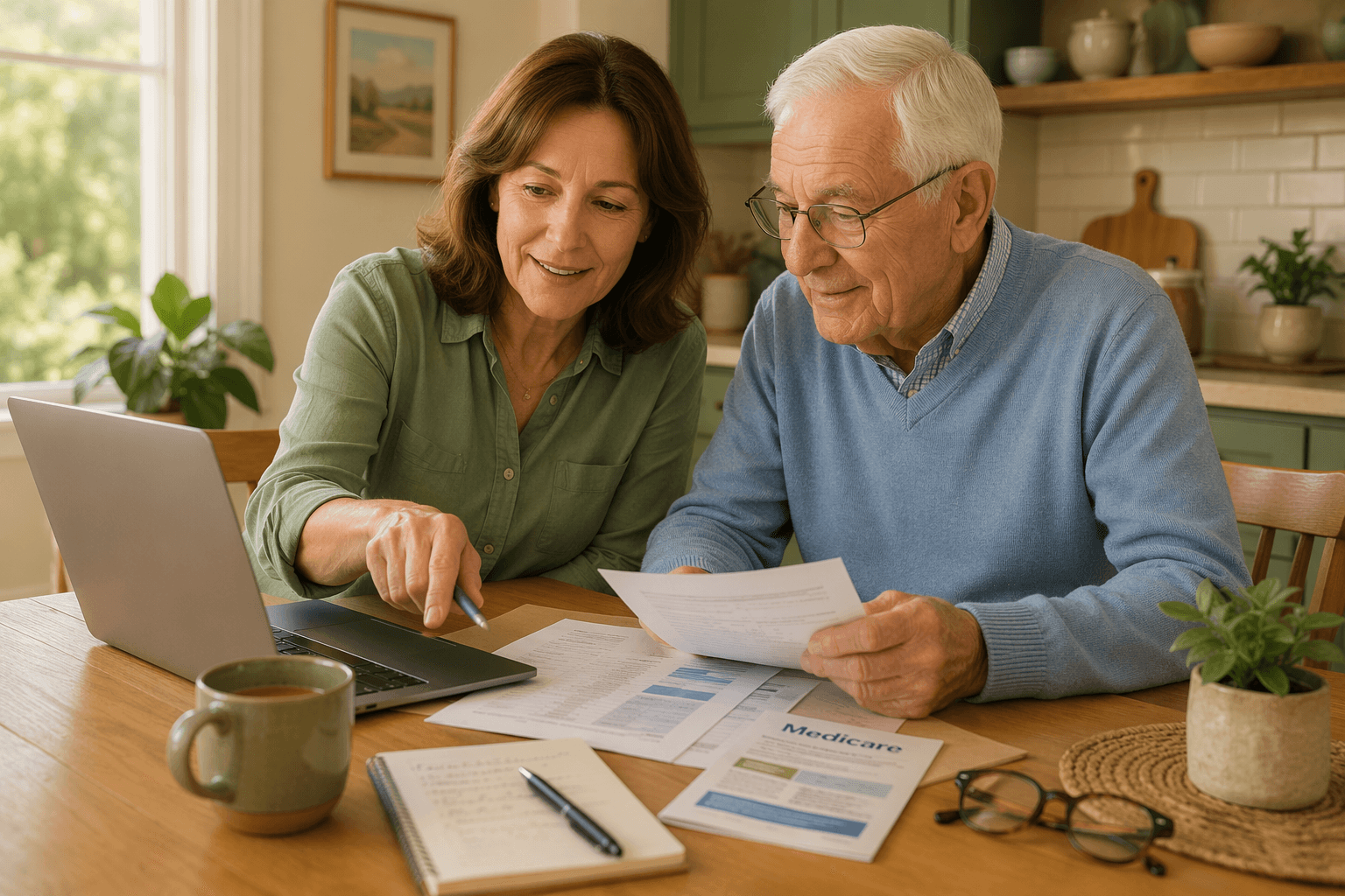 An adult child and their older parent sitting together at a kitchen table reviewing Medicare plan documents on a laptop and printed papers.