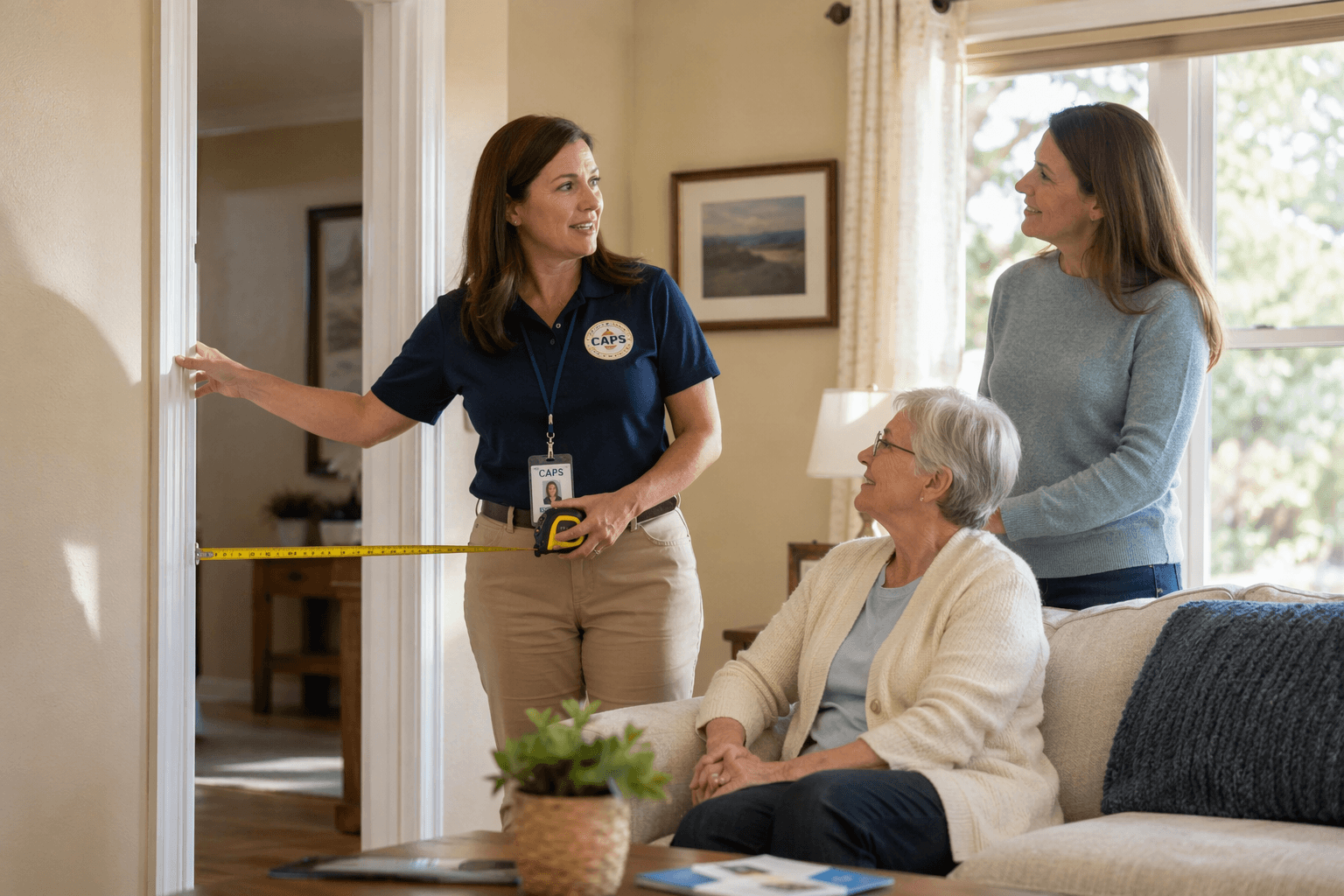 A CAPS-certified aging-in-place specialist in a polo shirt with badge gestures toward a doorway while consulting with an older adult seated on a beige sofa and their adult child standing beside them in a warm, sunlit living room with natural wood tones and soft blue accents.