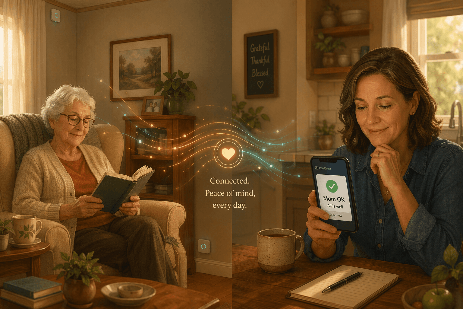 A warm digital illustration split into two connected scenes: left side shows a senior woman in her 70s reading a book in a cozy living room with small sensor nodes discreetly near the corners; right side shows an adult daughter in her 40s at a kitchen table looking at her phone with a relieved expression, a notification visible; soft amber and teal data-flow lines bridge the two scenes, conveying invisible technology providing peace of mind.