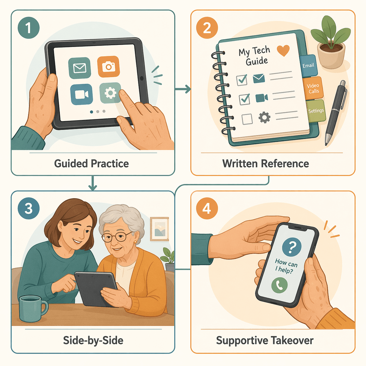 A four-panel editorial illustration showing the four teaching modes for technology caregiving: Guided Practice, Written Reference, Side-by-Side, and Supportive Takeover.