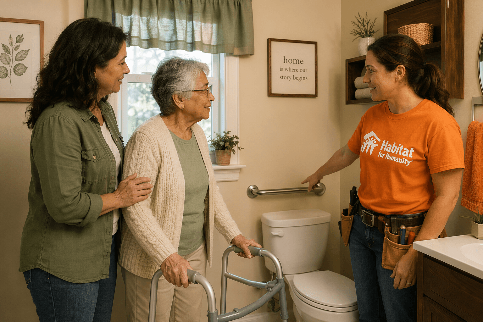 An older adult with a walker, their adult child, and a Habitat for Humanity volunteer in an orange t-shirt pointing to a newly installed grab bar in a bathroom.