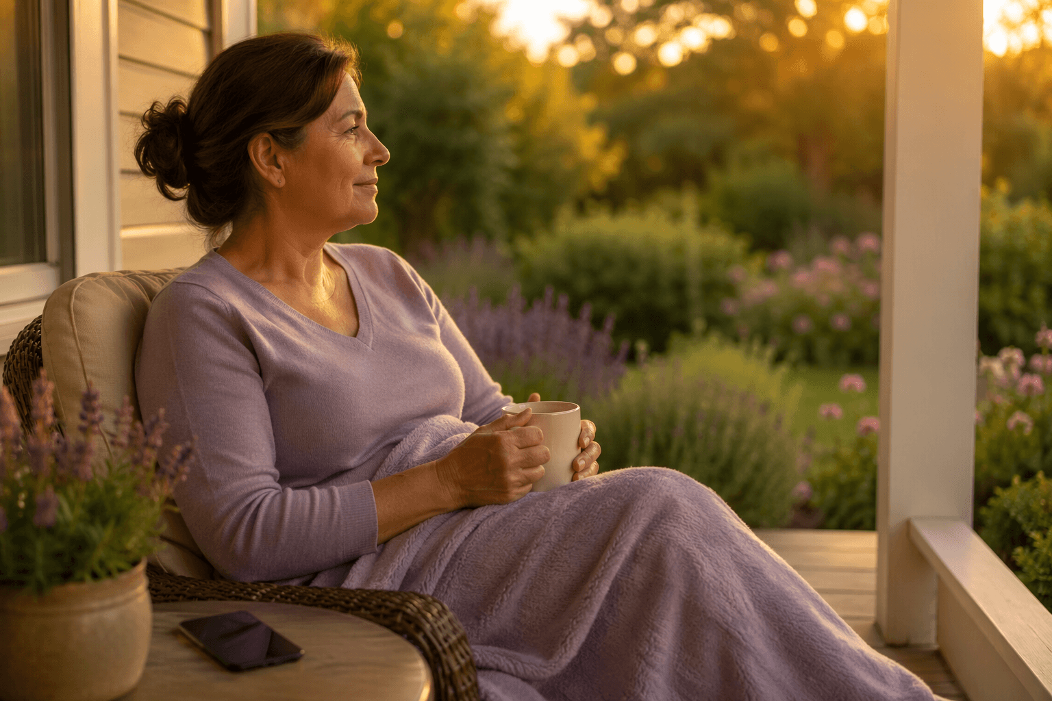 A middle-aged woman sits on a quiet porch in late afternoon light, holding a cup of tea and looking thoughtfully at a garden. A phone lies face-down beside her.