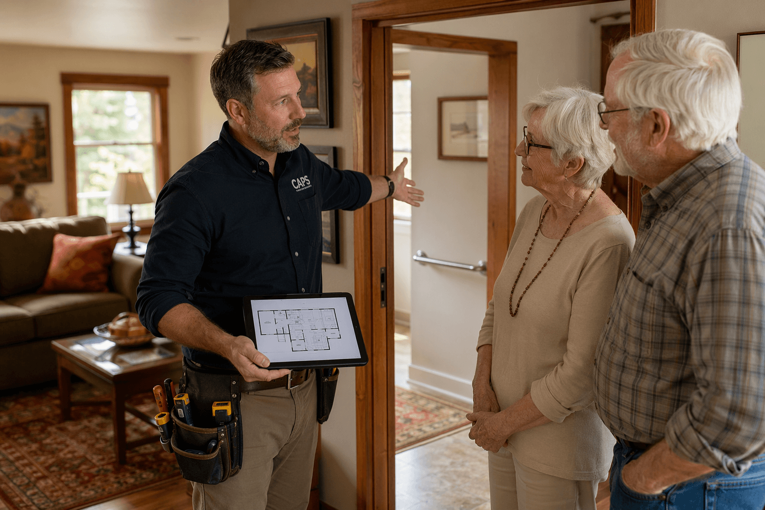 A CAPS-certified professional wearing a tool belt and holding a tablet with a floor plan stands beside an older adult couple in a warmly lit living room, gesturing toward a widened doorway with a grab bar.