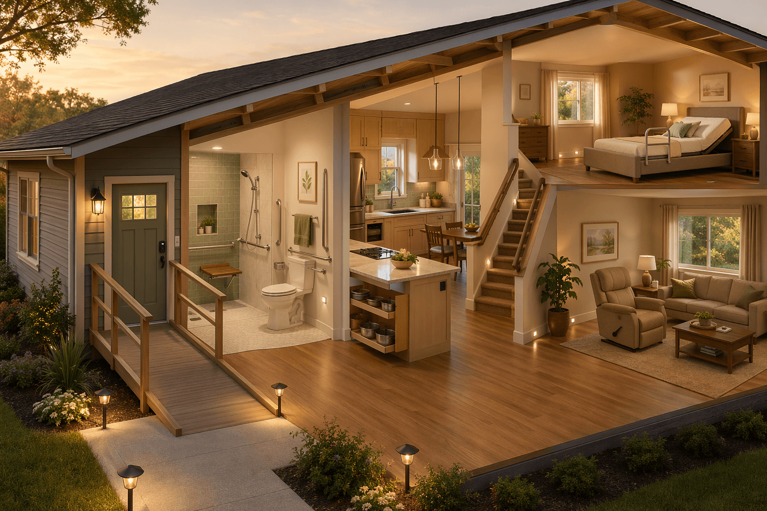A warm cross-section cutaway illustration of a single-story home adapted for aging in place, showing an exterior zero-step entry ramp with handrails and interior rooms including a bathroom with grab bars and curbless shower, a kitchen with lever faucet and pull-out shelves, a living room with clear pathways and lift recliner, a bedroom with adjustable bed and bed rail, and a stairway with handrails on both sides