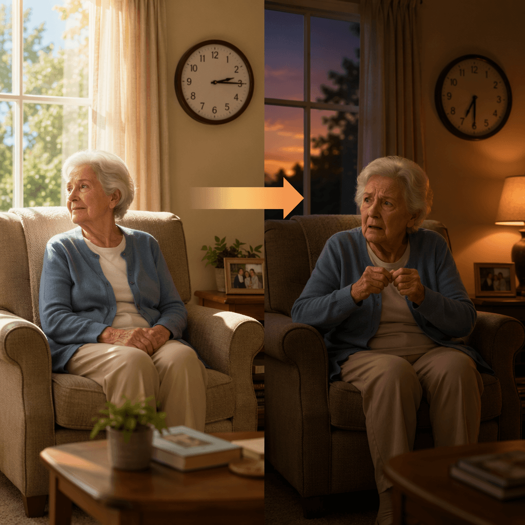 Side-by-side comparison of the same living room: left side shows a calm elderly person in a bright sunlit room with a clock showing afternoon; right side shows the same person appearing restless and confused at dusk with low warm lighting.