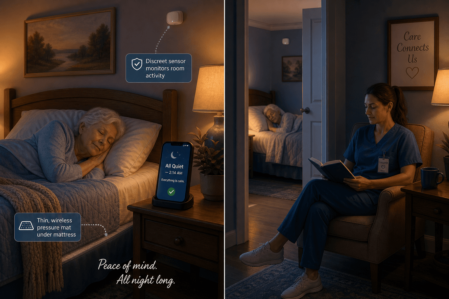 Split-scene bedroom illustration showing a sleeping senior with a ceiling sensor on the left and a professional caregiver in the hallway on the right.