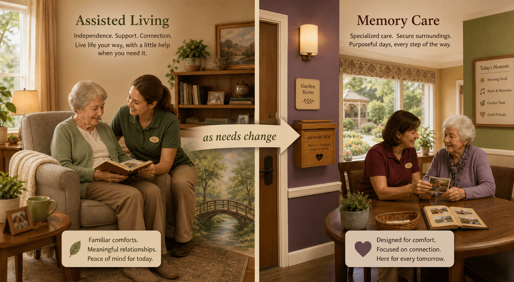 Split-composition illustration showing a home-like assisted living scene on the left and a memory care wing on the right, connected by a gentle arrow labeled 'as needs change'