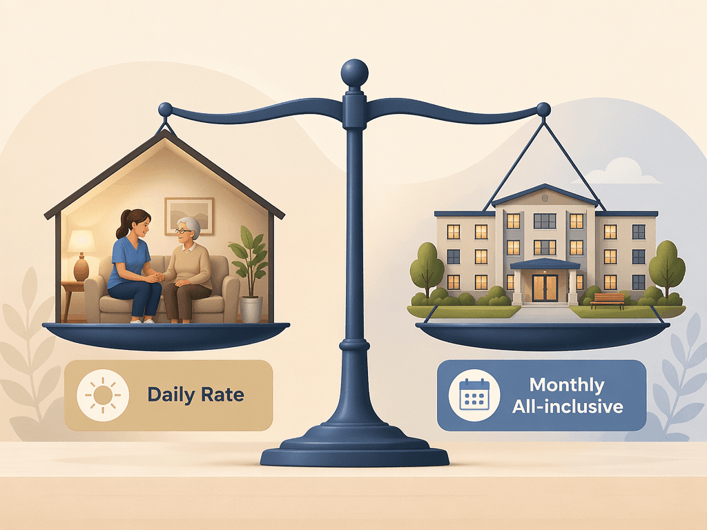 A balanced scale illustration comparing live-in care and assisted living costs with a home icon on one side and a facility icon on the other.