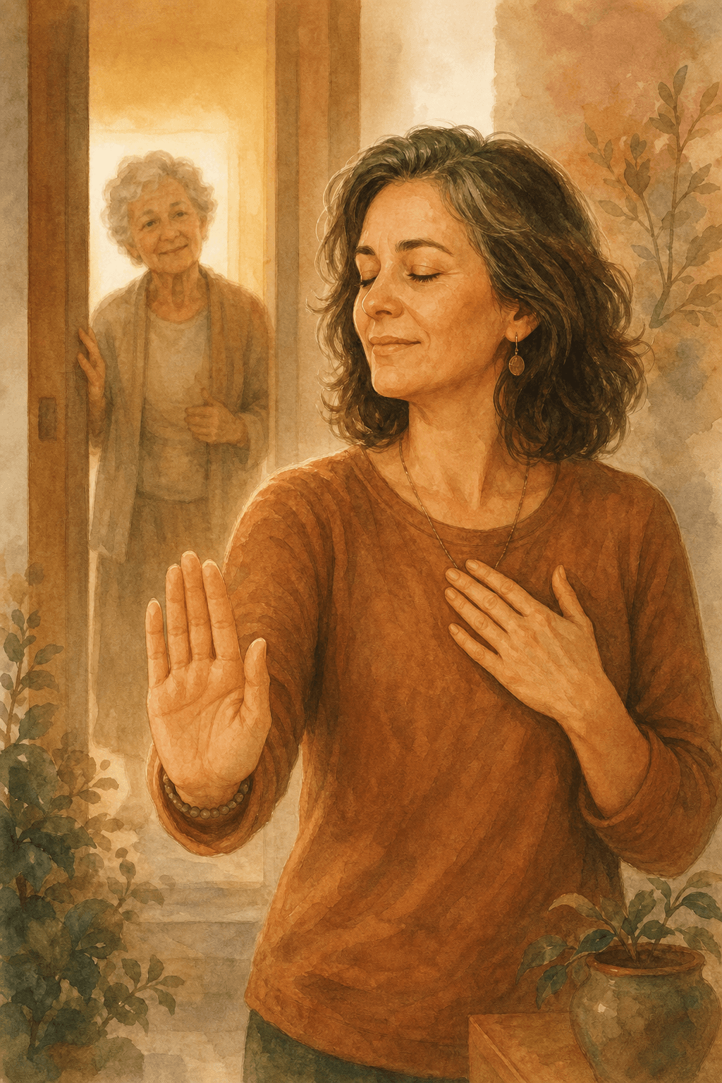 An adult child caregiver sits with one hand gently raised in a calm pause gesture and the other hand over their own heart. Behind them, a hazy silhouette of an elderly parent in a doorway. Soft warm lighting conveys boundary-setting as an act of loving self-protection.
