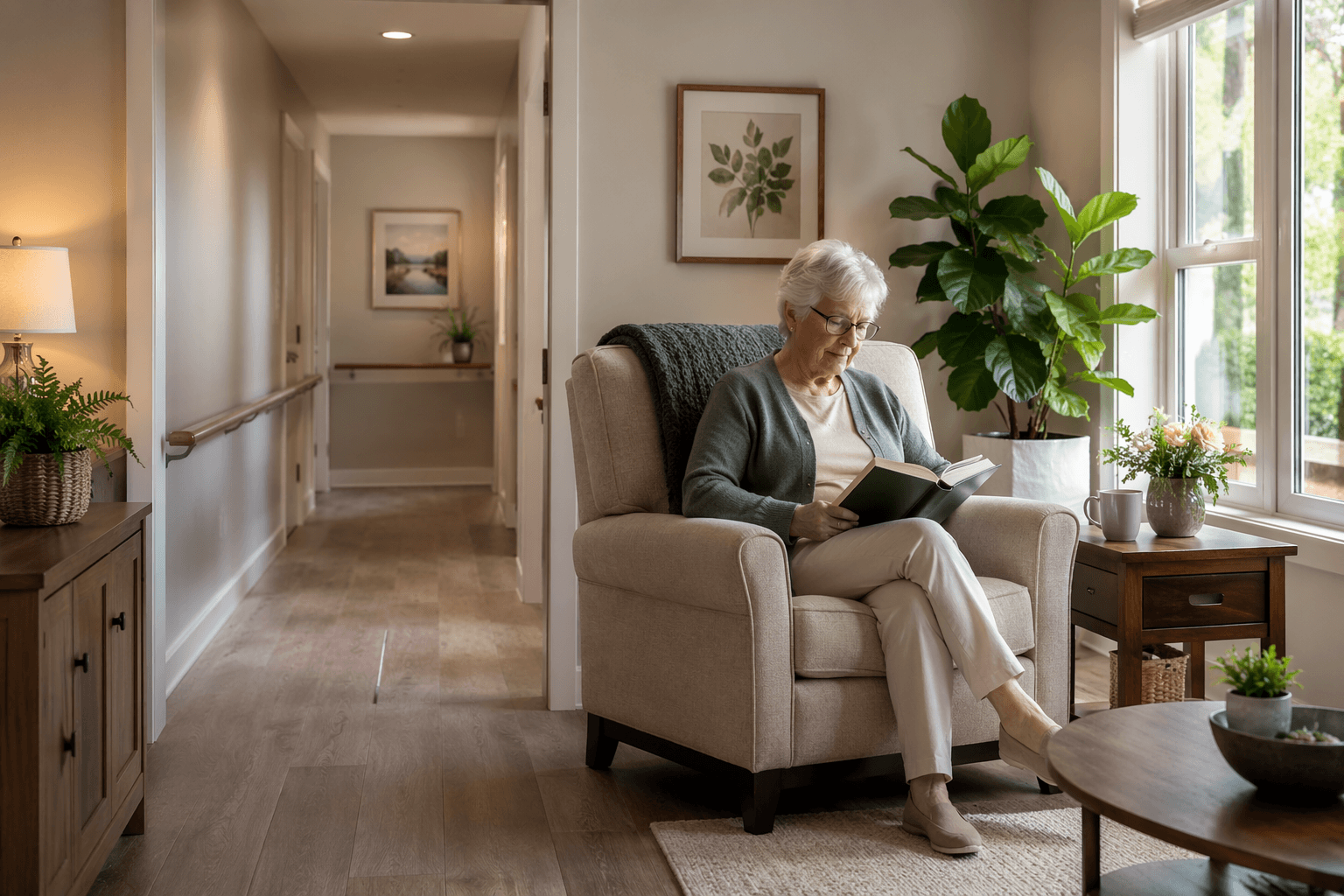 Older adult sitting in a bright living room with clear pathways, a hallway handrail, and accessible furniture