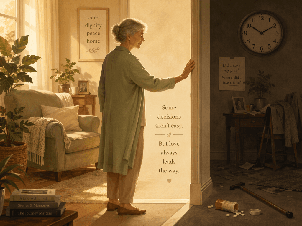 A warm editorial illustration of a metaphorical doorway threshold. One side glows with soft amber light showing a comfortable armchair and plants. The other side shows subtle safety cues: a scattered pill bottle, a fallen cane, and a clock. A gentle figure rests a hand on the doorframe at the threshold.