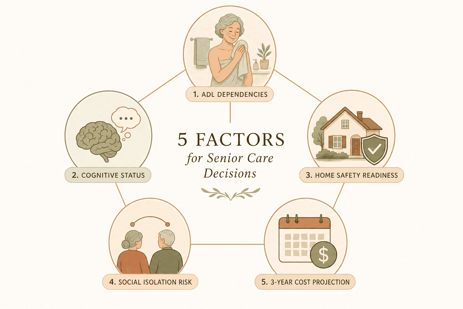A modern editorial five-factor decision framework diagram showing five circular icons arranged in a connected layout: a daily tasks icon, a brain symbol, a house with a shield, two figures with a connection line, and a calendar with a dollar sign.