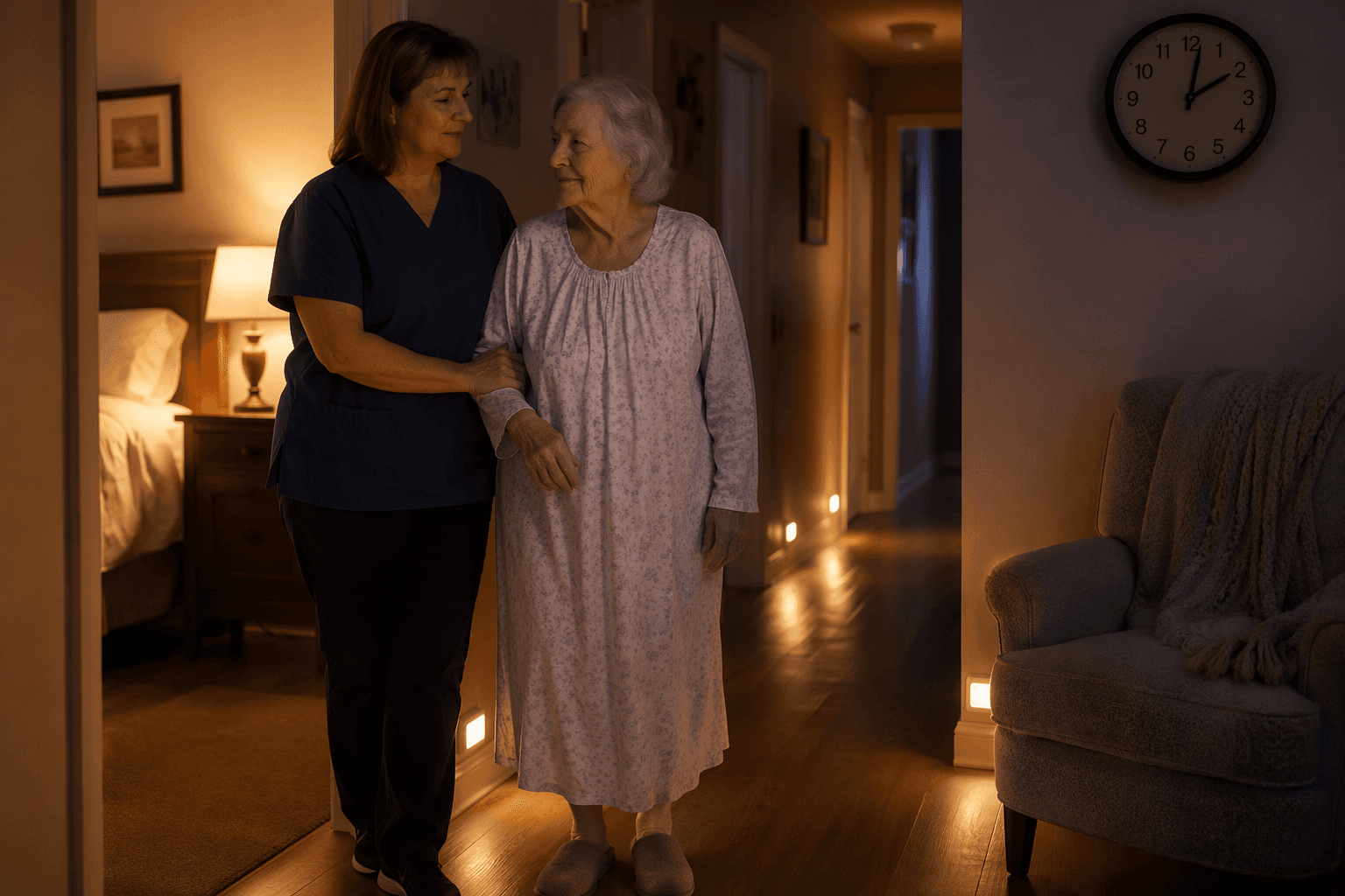 A professional caregiver gently assists an elderly woman walking from a bedroom into a softly lit hallway at night, with nightlights and a clock showing 2:00 AM.