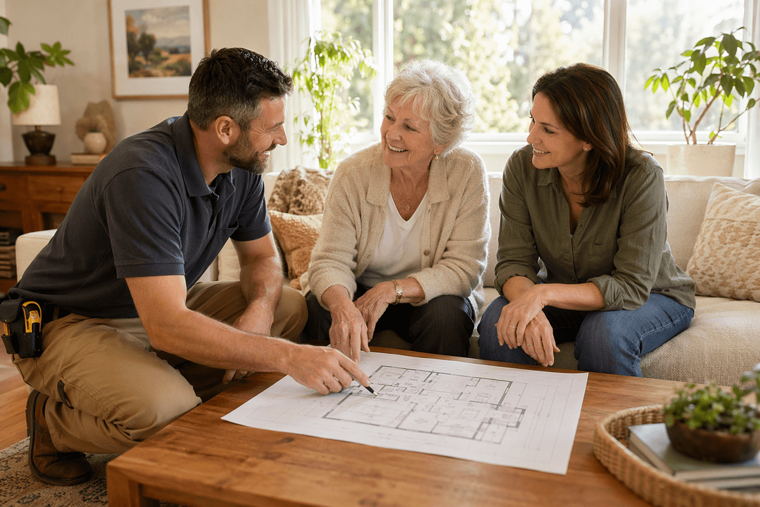 A CAPS professional in casual work clothes kneels beside an older adult and an adult daughter, reviewing a home floor plan spread across a wooden coffee table in a bright, warm residential living room with natural sunlight streaming through a window.