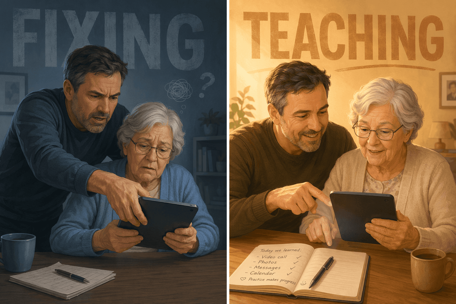 Split illustration contrasting a caregiver grabbing a tablet from an older adult's hands on the left, and sitting beside them to teach on the right.
