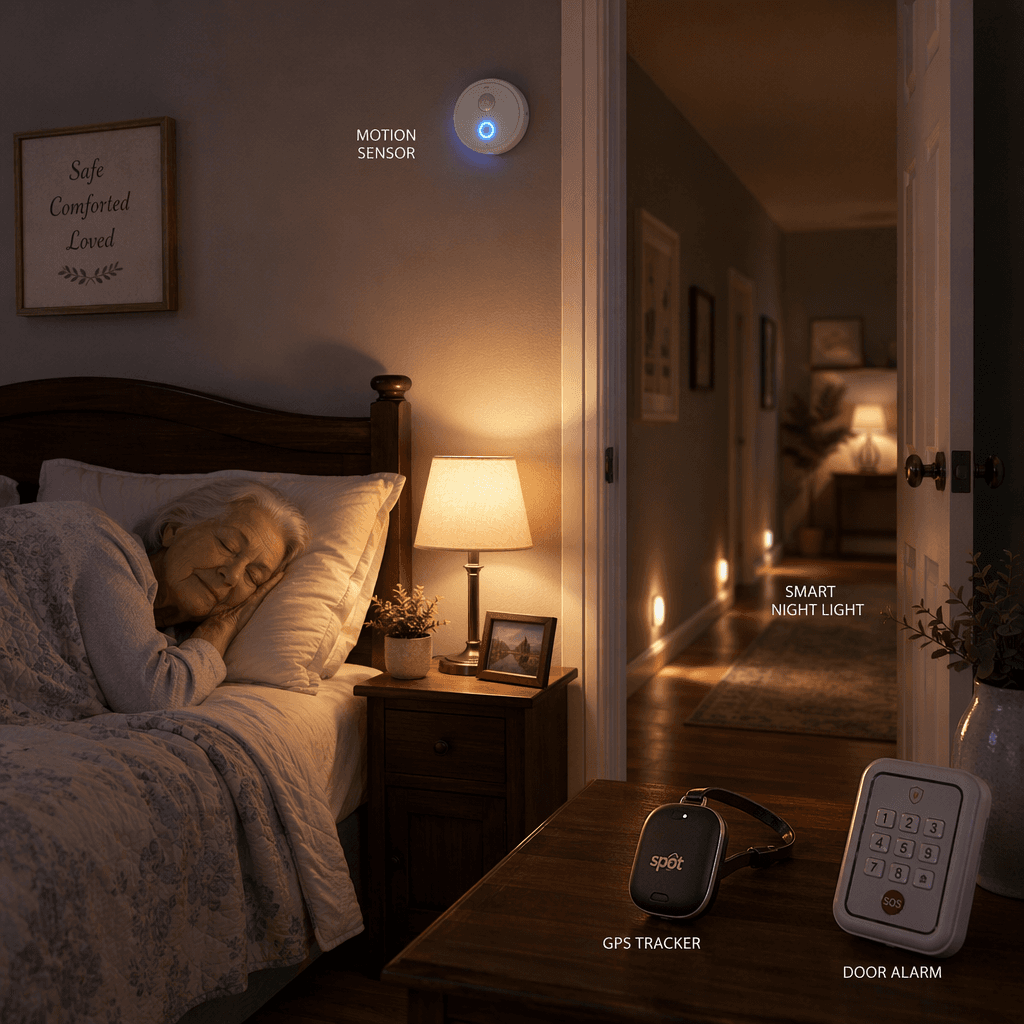 A reassuring nighttime home scene: an elderly person sleeps peacefully while a motion sensor glows on the wall, a smart nightlight illuminates the hallway, and a GPS tracker and keypad door alarm rest on a small table near the door.