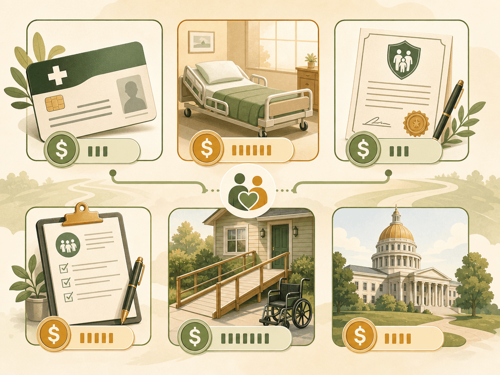 A six-panel visual overview map with icons for Medicare Advantage benefits, Medicare GUIDE respite, life insurance accelerated benefits, family caregiver grants, VA home modification grants, and Medicaid self-directed programs, each with a dollar amount indicator.